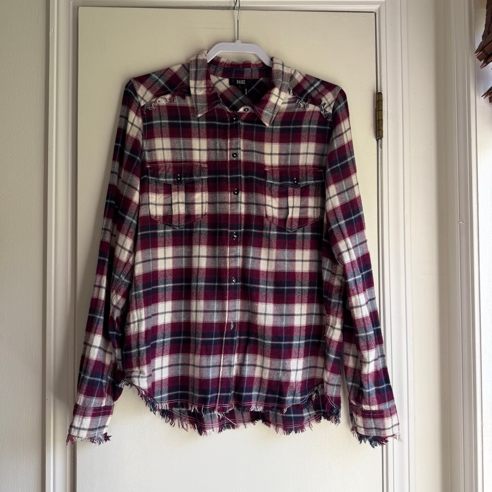 Paige Mable Plaid Distressed Frayed Hem Button Down Shirt Burgundy Navy L